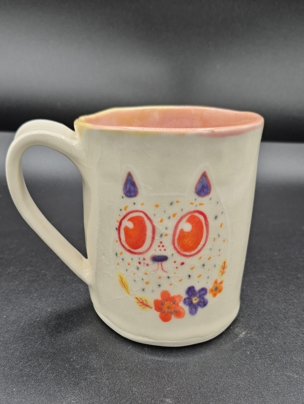 Handmade Cat And Flower Pottery Mug with Pink Interior Glaze